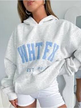 White Fox Boutique "Give It Away" oversized hoodie in grey marle/blue letterman